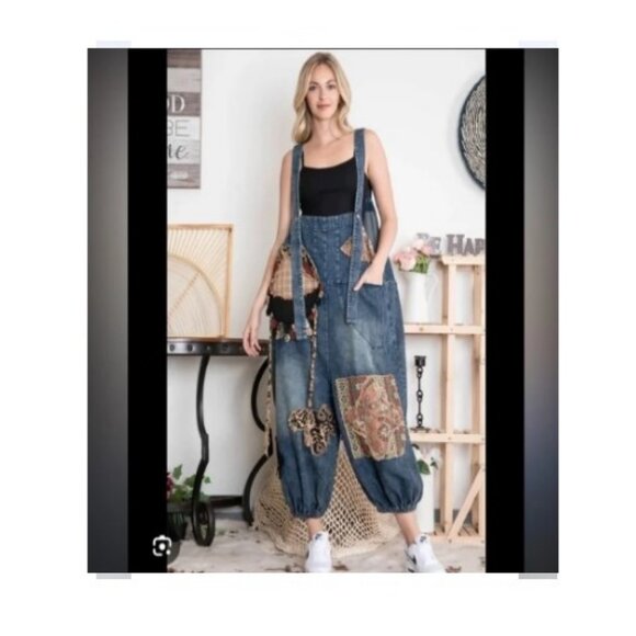BlueVelvet Denim Capri Overalls with Mixed Patches in Denim XL🆕⌚📦🏃💨🚚 - Picture 2 of 16